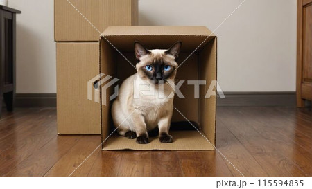 リビングに置かれた段ボール箱に入り込む猫(シャム) 115594835