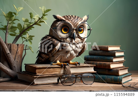cute owl in glasses with books 115594889