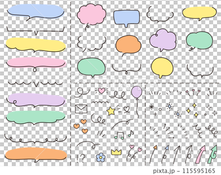 手描き風のベクターイラストセット　吹き出し　フレーム　落書き　装飾　飾り　矢印 115595165