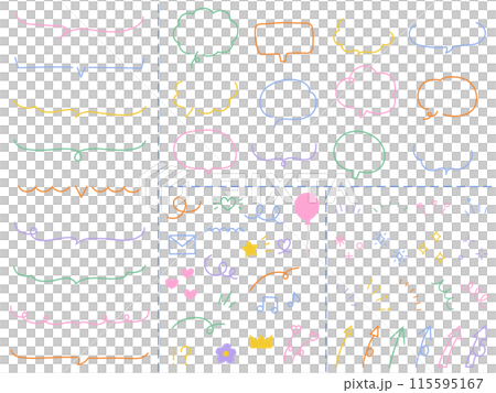 手描き風のベクターイラストセット 吹き出し フレーム 落書き 装飾 飾り 矢印 手描き風のベクターイラストセット 吹き出し フレーム 落書き 装飾 飾り 矢印 115595167