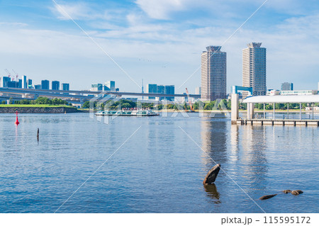 （東京都）お台場海浜公園から眺める水上バスのりばとレインボーブリッジ 115595172