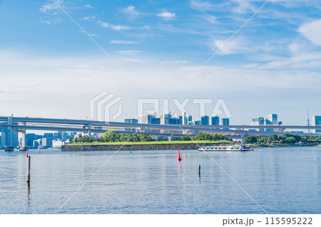 （東京都）お台場海浜公園から眺める水上バスとレインボーブリッジ 115595222