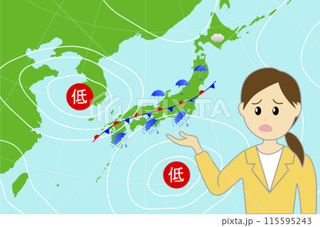 女性の気象予報士が梅雨の天気予報を説明するイラスト 女性の気象予報士が梅雨の天気予報を説明するイラスト 115595243