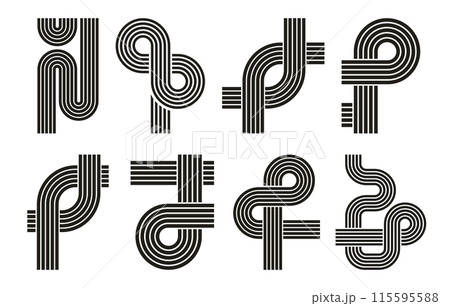 Abstract striped shapes. Retro striped arch and circles, vintage bauhaus figures flat vector illustration set. Modern memphis design elements 115595588