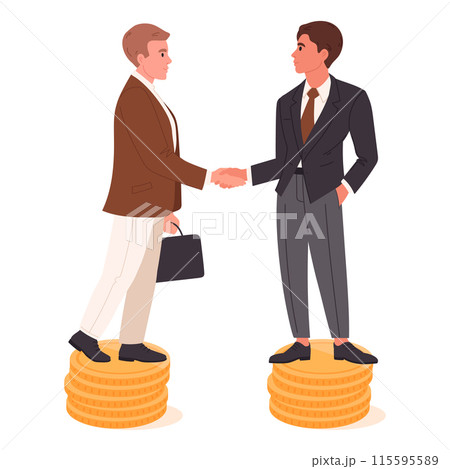Businessmen shaking hands on dollar coins stacks. Salary equality, financial well-being flat vector illustration. Colleagues revenue equality concept Businessmen shaking hands on dollar coins stacks. Salary equality, financial well-being flat vector illustration. Colleagues revenue equality concept 115595589