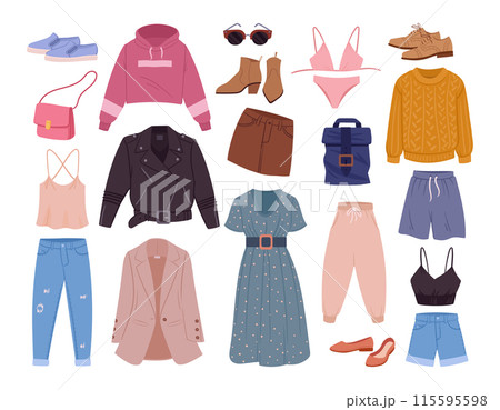 Fashion clothing. Cartoon clothes, jeans, dress and sweater, male and female casual garments and accessories flat vector illustration set. Modern apparel collection Fashion clothing. Cartoon clothes, jeans, dress and sweater, male and female casual garments and accessories flat vector illustration set. Modern apparel collection 115595598