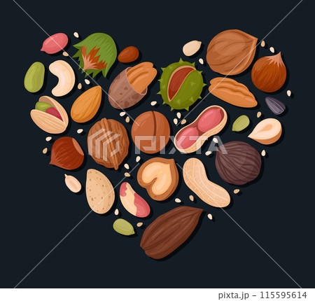 Nuts heart shape frame. Raw nuts, pistachio, walnut, almond and hazelnut heart shape border frame flat vector illustration. Tasty nuts snacks frame Nuts heart shape frame. Raw nuts, pistachio, walnut, almond and hazelnut heart shape border frame flat vector illustration. Tasty nuts snacks frame 115595614