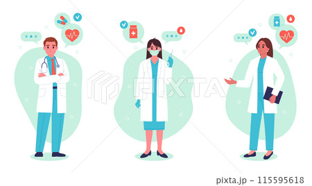 Professional medical workers. Male and female doctors, hospital professional staff flat vector illustration set. Medical doctors concept 115595618