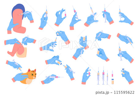 Vaccination set. Doctor hands holding syringes with vaccine, nurse hand palms wearing rubber gloves vaccinating adult, kid and pet flat vector illustration collection. Hands with syringe with vaccine 115595622