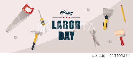 Web banner, happy labor day, white background and construction tools. 115595814
