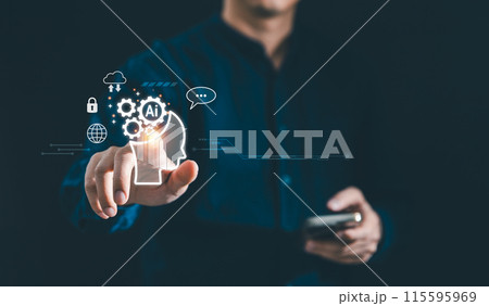 Man using AI tools with smartphone. Concept of Artificial Intelligence technology smart robot Man using AI tools with smartphone. Concept of Artificial Intelligence technology smart robot 115595969