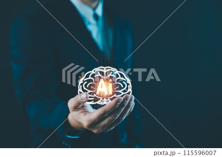 Ai tech, Businessman hand hold digital human brain for artificial intelligence 115596007