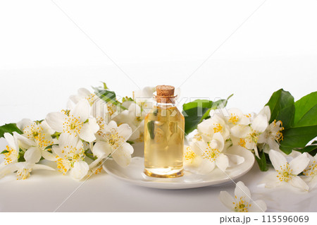 Jasmine essential and Jasmine flowers on white background. Hair treatment concept. Close up 115596069