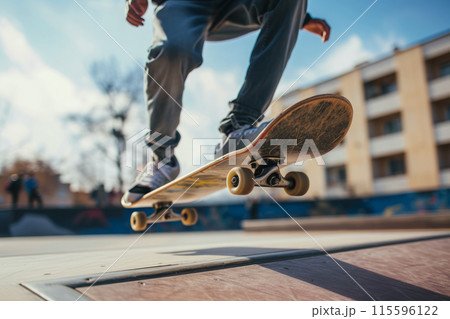 Skateboarder doing trick with skateboard in skatepark 115596122