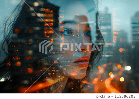 Double exposure portrait of woman with city skyline 115596205