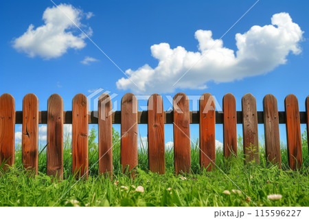 Garden fence with green grass and blue sky. 115596227