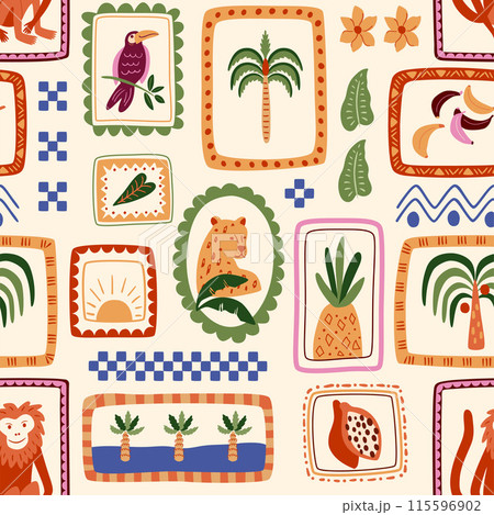 Tropical patchwork seamless pattern. Vector cute jungle palm tree, monkey animal , jaguar, toucan bird print Tropical patchwork seamless pattern. Vector cute jungle palm tree, monkey animal , jaguar, toucan bird print 115596902