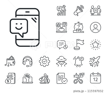 Positive feedback rating sign. Salaryman, gender equality and alert bell outline icons. Smile phone line icon. Customer satisfaction symbol. Smile line sign. Spy or profile placeholder icon. Vector 115597032
