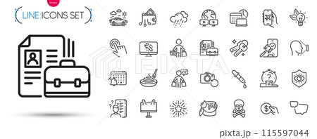 Pack of Buyer, Vip shopping and Quiz line icons. Include Video conference, Vacancy, Eco energy pictogram icons. Road banner, Chemistry pipette, Digital wallet signs. Rainy weather. Vector 115597044