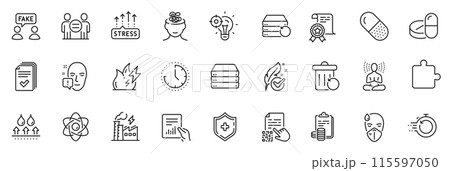 Icons pack as Stress grows, Seo idea and Qr code line icons for app include Fast recovery, Certificate, Accounting outline thin icon web set. Document, Anxiety, Recovery trash pictogram. Vector 115597050