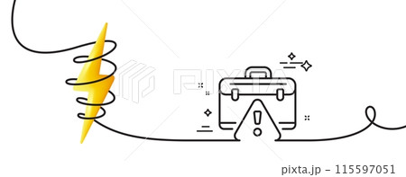Warning briefcase line icon. Continuous one line with curl. Attention triangle sign. Caution diplomat symbol. Warning briefcase single outline ribbon. Loop curve with energy. Vector Warning briefcase line icon. Continuous one line with curl. Attention triangle sign. Caution diplomat symbol. Warning briefcase single outline ribbon. Loop curve with energy. Vector 115597051