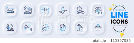 Petrol station, Truck delivery and Package box line icons for web app. Pack of Bike timer, Baggage, Carry-on baggage pictogram icons. Delivery report, Home charging, Paper plane signs. Vector Petrol station, Truck delivery and Package box line icons for web app. Pack of Bike timer, Baggage, Carry-on baggage pictogram icons. Delivery report, Home charging, Paper plane signs. Vector 115597080