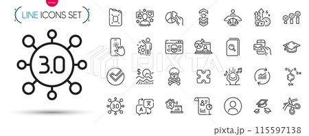 Pack of Web3, Cyber attack and Update data line icons. Include Noise, Difficult stress, Shoulder strap pictogram icons. Graduation cap, Canister oil, Employee signs. Check investment. Vector 115597138