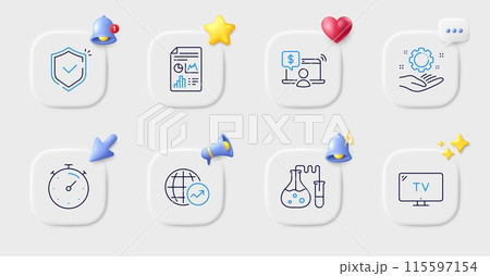 Report document, Employee hand and Timer line icons. Buttons with 3d bell, chat speech, cursor. Pack of World statistics, Shield, Tv icon. Chemistry lab, Online shopping pictogram. Vector 115597154