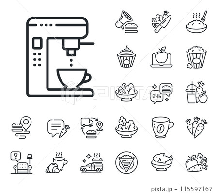Vending machine sign. Crepe, sweet popcorn and salad outline icons. Coffee maker line icon. Make tea symbol. Coffee maker line sign. Pasta spaghetti, fresh juice icon. Supply chain. Vector Vending machine sign. Crepe, sweet popcorn and salad outline icons. Coffee maker line icon. Make tea symbol. Coffee maker line sign. Pasta spaghetti, fresh juice icon. Supply chain. Vector 115597167