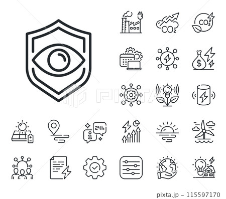 Retina scan sign. Energy, Co2 exhaust and solar panel outline icons. Eye detect line icon. Biometric data symbol. Eye detect line sign. Eco electric or wind power icon. Green planet. Vector Retina scan sign. Energy, Co2 exhaust and solar panel outline icons. Eye detect line icon. Biometric data symbol. Eye detect line sign. Eco electric or wind power icon. Green planet. Vector 115597170