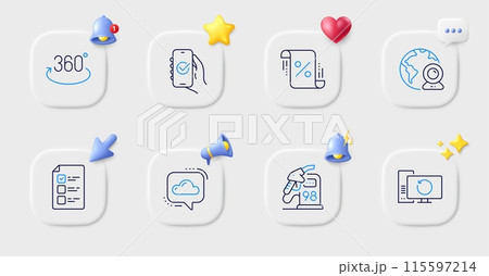 Approved app, Voting ballot and Cloud communication line icons. Buttons with 3d bell, chat speech, cursor. Pack of Video conference, Loan percent, Recovery computer icon. Vector 115597214