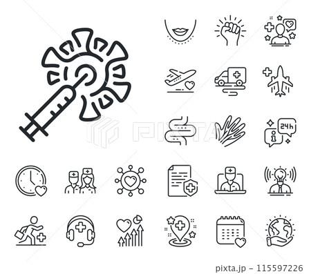 Corona syringe sign. Online doctor, patient and medicine outline icons. Coronavirus vaccine line icon. Covid jab symbol. Coronavirus vaccine line sign. Vector 115597226