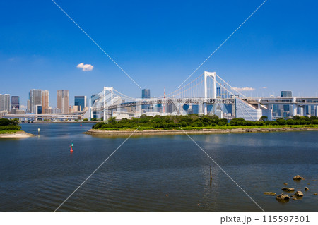 東京都港区 お台場海浜公園、展望デッキから見るレインボーブリッジ 115597301