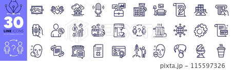 Face search, Ecology app and Feather line icons pack. Food market, Marketing, Building web icon. Reject file, Settings gears, Seo certificate pictogram. Elephant on ball. Design with pen tool. Vector 115597326