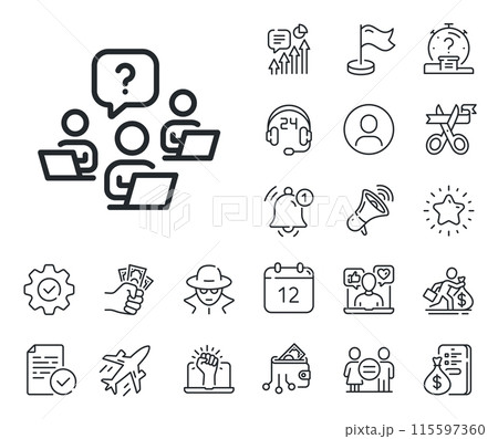 Ask help sign. Salaryman, gender equality and alert bell outline icons. Teamwork question line icon. Outsource support symbol. Teamwork question line sign. Spy or profile placeholder icon. Vector 115597360