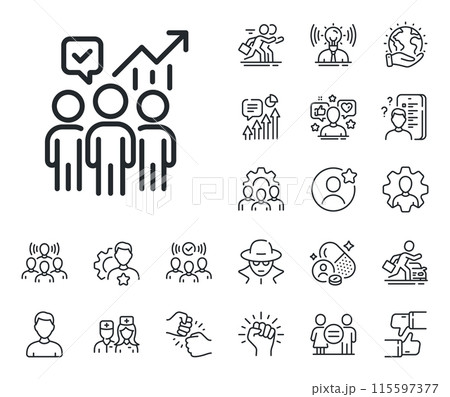 Meeting report sign. Specialist, doctor and job competition outline icons. Business statistics line icon. Employees working results symbol. Business statistics line sign. Vector 115597377