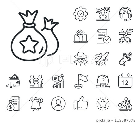 Bonus money bags. Salaryman, gender equality and alert bell outline icons. Loyalty points line icon. Discount program symbol. Loyalty points line sign. Spy or profile placeholder icon. Vector Bonus money bags. Salaryman, gender equality and alert bell outline icons. Loyalty points line icon. Discount program symbol. Loyalty points line sign. Spy or profile placeholder icon. Vector 115597378