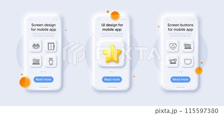 Lift, Chat message and Safe time line icons pack. 3d phone mockups with star. Glass smartphone screen. Online loan, Touchscreen gesture, Internet chat web icon. Vector 115597380