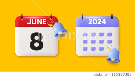 Calendar date 3d icon. 8th day of the month icon. Event schedule date. Meeting appointment time. 8th day of June month. Calendar event reminder date. Vector 115597393