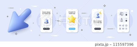 Ranking, Globe and Food delivery line icons pack. Phone screen mockup with 3d cursor. Alert, star and placeholder. Rocket, Hold heart, Clean bubbles web icon. Vector 115597396