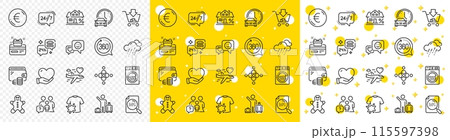 Outline Dirty t-shirt, Family questions and Inclusion line icons pack for web with Search file, Wallet, Laundry line icon. Euro money, 24h service, Mortgage pictogram icon. Shopping. Vector 115597398