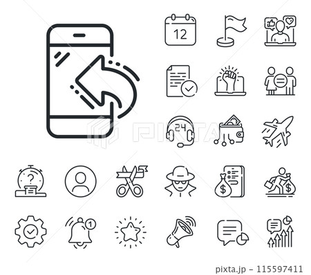 Incoming phone call sign. Salaryman, gender equality and alert bell outline icons. Call center service line icon. Feedback symbol. Incoming call line sign. Spy or profile placeholder icon. Vector 115597411