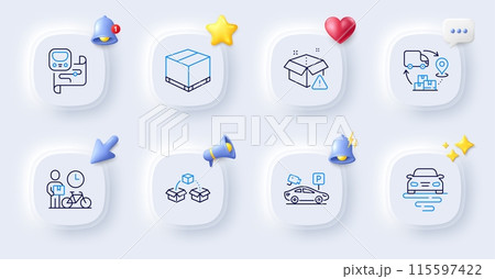 Supply chain, Delivery box and Bike courier line icons. Buttons with 3d bell, chat speech, cursor. Pack of Parcel shipping, Delivery warning, Route icon. Parking security, Metro map pictogram. Vector 115597422