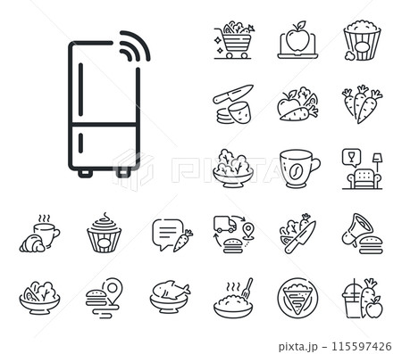 Fridge sign. Crepe, sweet popcorn and salad outline icons. Refrigerator with wifi function line icon. Freezer storage symbol. Refrigerator line sign. Pasta spaghetti, fresh juice icon. Vector Fridge sign. Crepe, sweet popcorn and salad outline icons. Refrigerator with wifi function line icon. Freezer storage symbol. Refrigerator line sign. Pasta spaghetti, fresh juice icon. Vector 115597426