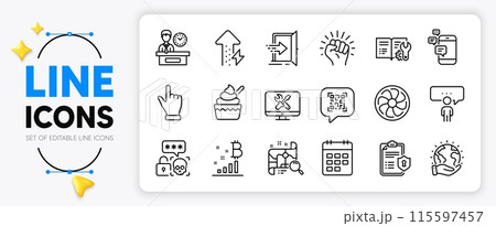 Search map, Click hand and Fan engine line icons set for app include Cyber attack, Entrance, Empower outline thin icon. Repair, Energy growing, Qr code pictogram icon. Privacy policy. Vector 115597457