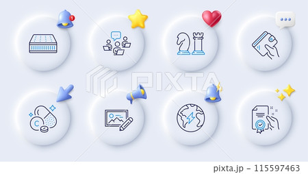 Vitamin c, Wallet and Teamwork line icons. Buttons with 3d bell, chat speech, cursor. Pack of Electricity, Chess, Mattress icon. Photo edit, Certificate pictogram. For web app, printing. Vector Vitamin c, Wallet and Teamwork line icons. Buttons with 3d bell, chat speech, cursor. Pack of Electricity, Chess, Mattress icon. Photo edit, Certificate pictogram. For web app, printing. Vector 115597463