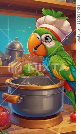A cartoon parrot chef in a cap prepares soup in a frying pan. Cartoon style image. 115597485