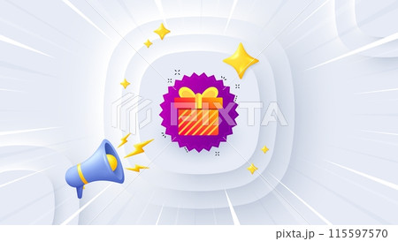 Gift box banner. Neumorphic offer 3d banner, poster. Discount sale sticker. Coupon present icon. Gift box promo event background. Sunburst banner, flyer or coupon. Vector 115597570
