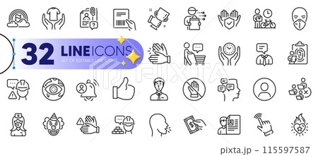 Outline set of Remove team, Fingerprint and Builder warning line icons for web with Cough, Buyer think, Medical mask thin icon. Like, Cursor, Businessman person pictogram icon. Lgbt. Vector Outline set of Remove team, Fingerprint and Builder warning line icons for web with Cough, Buyer think, Medical mask thin icon. Like, Cursor, Businessman person pictogram icon. Lgbt. Vector 115597587