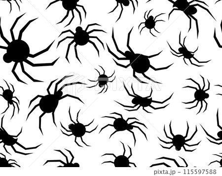 Black widow seamless pattern. Black silhouettes of spiders on a white background. View of the spider from the side and from above. Design for print, banner and poster. Vector illustration Black widow seamless pattern. Black silhouettes of spiders on a white background. View of the spider from the side and from above. Design for print, banner and poster. Vector illustration 115597588